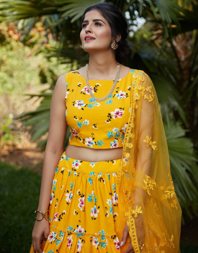 Yellow silk crepe flower printed party wear lehenga choli