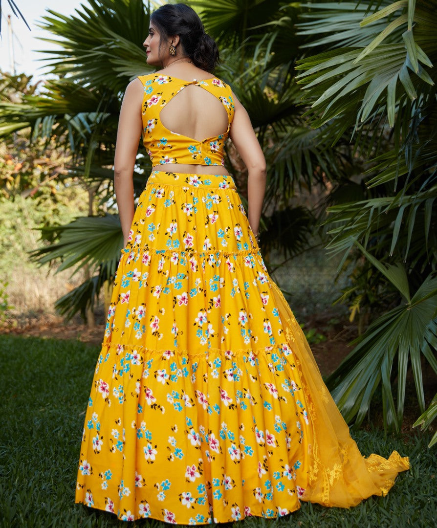 Yellow silk crepe flower printed party wear lehenga choli