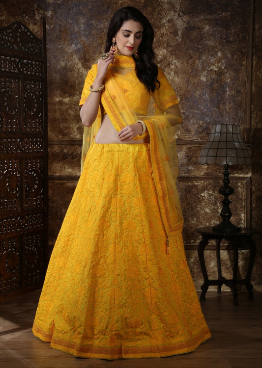 Yellow silk heavy embroidered wedding lehenga choli