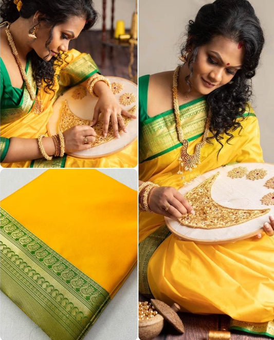 Yellow silk jacquard weaving wedding saree