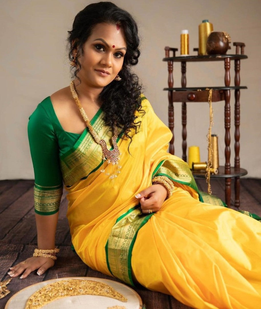 Yellow silk jacquard weaving wedding saree
