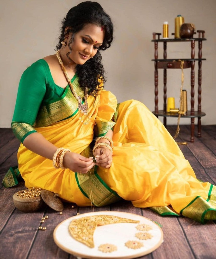 Yellow silk jacquard weaving wedding saree