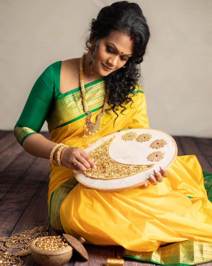 Yellow silk jacquard weaving wedding saree