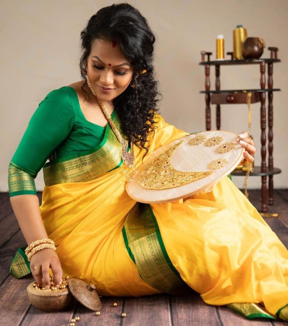 Yellow silk jacquard weaving wedding saree