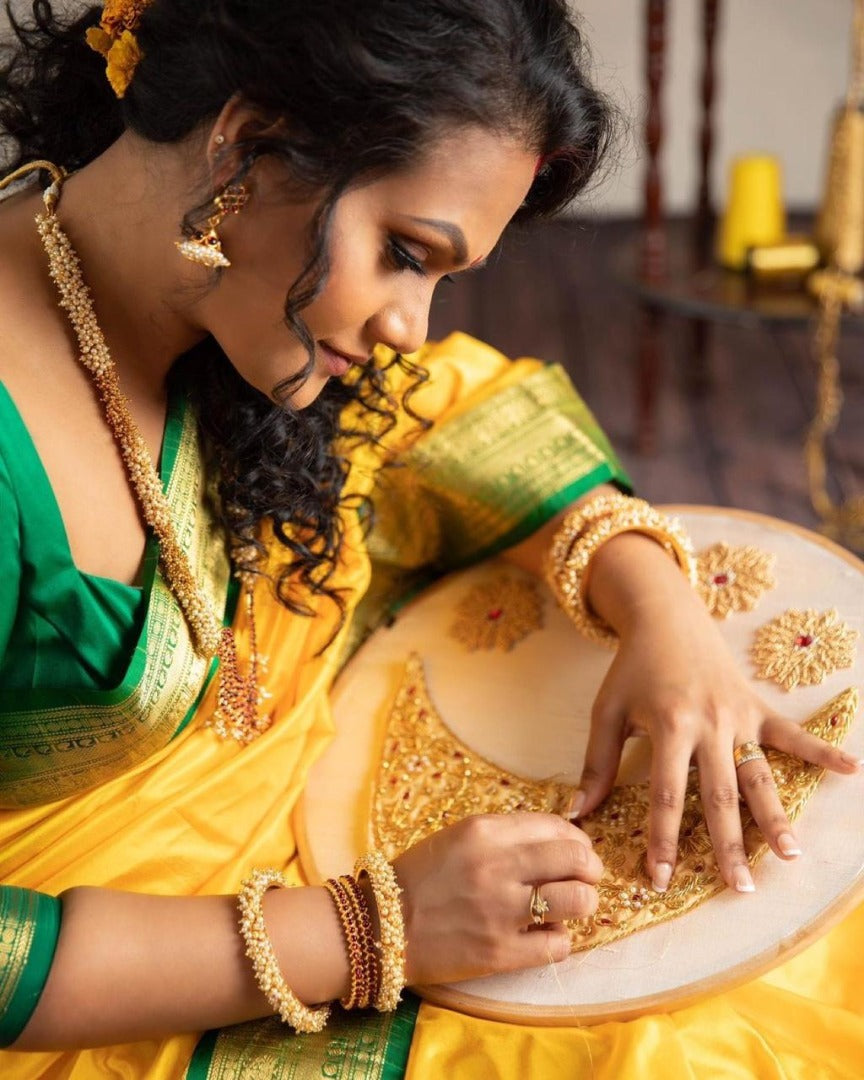 Yellow silk jacquard weaving wedding saree
