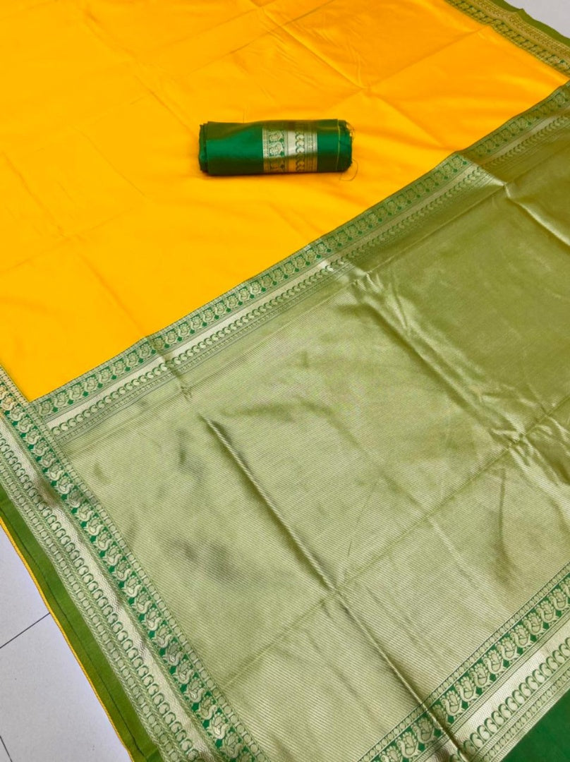 Yellow silk jacquard weaving wedding saree