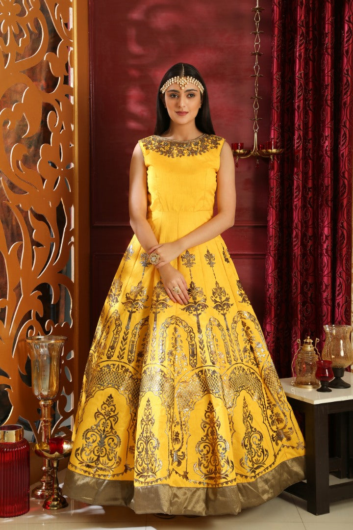 Yellow silk metalic foil and zardosi handworked neck heavy partywear gown
