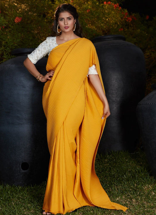 Yellow silk platting work party wear designer saree