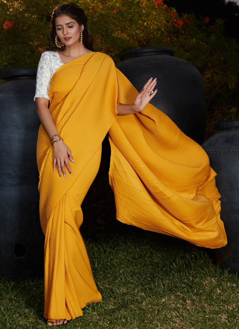 Yellow silk platting work party wear designer saree