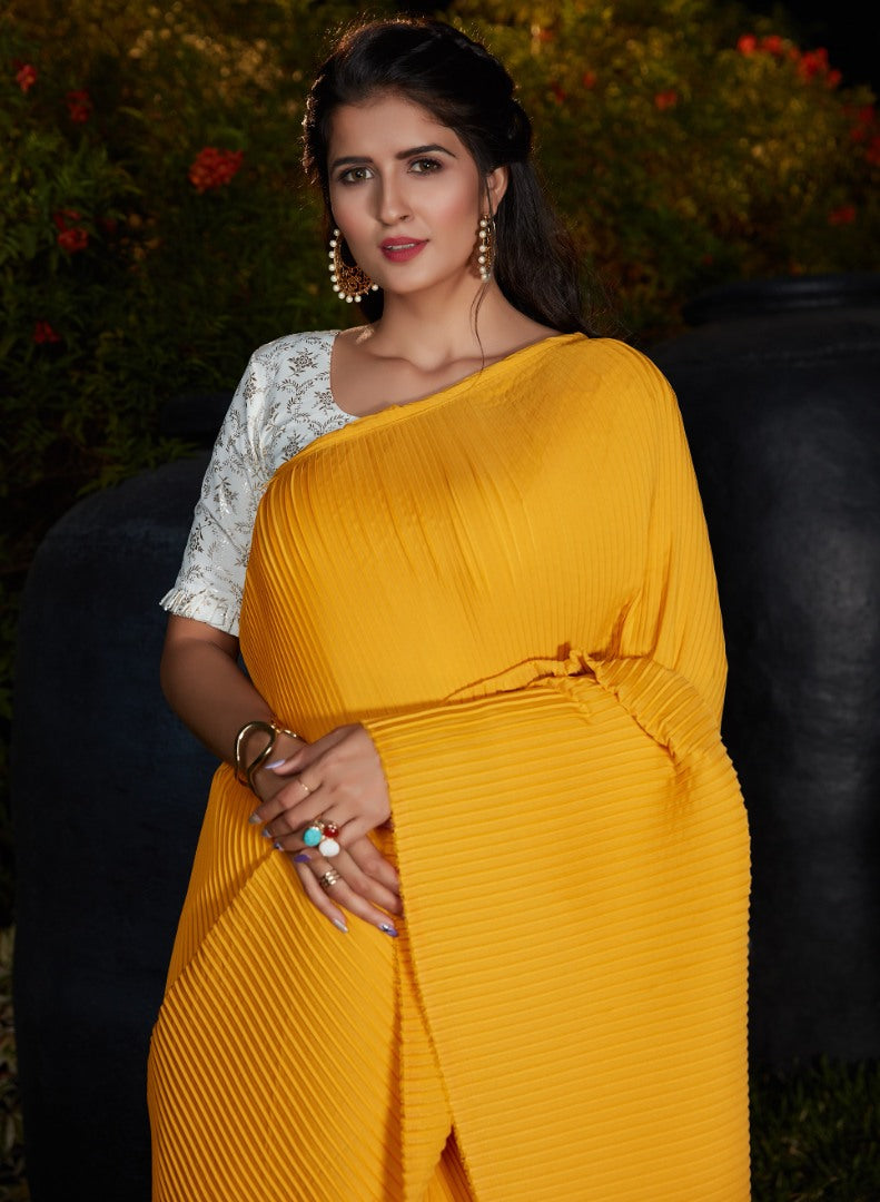 Yellow silk platting work party wear designer saree
