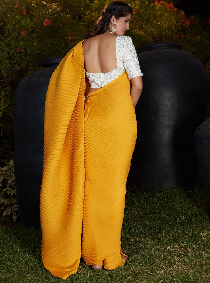 Yellow silk platting work party wear designer saree