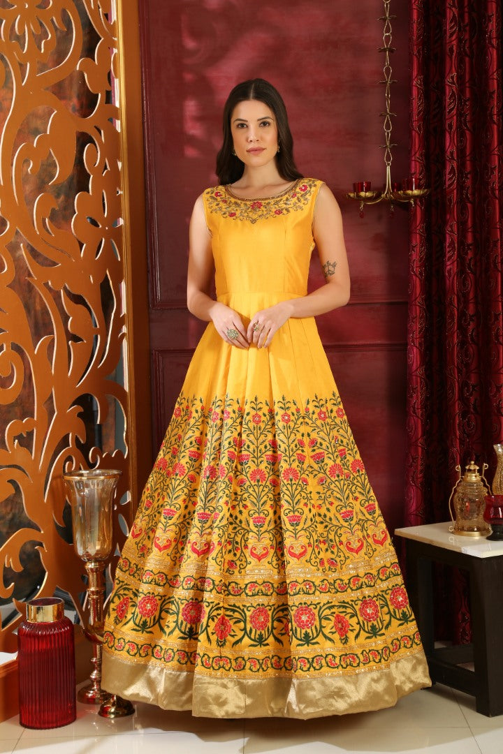 Yellow silk thread and sequence embroidered Ceremonial Gown
