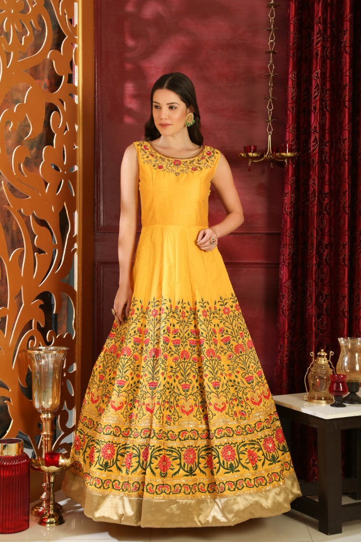 Yellow silk thread and sequence embroidered Ceremonial Gown