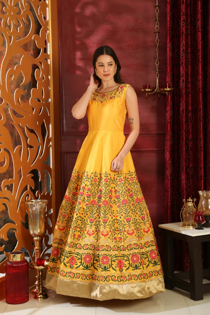 Yellow silk thread and sequence embroidered Ceremonial Gown