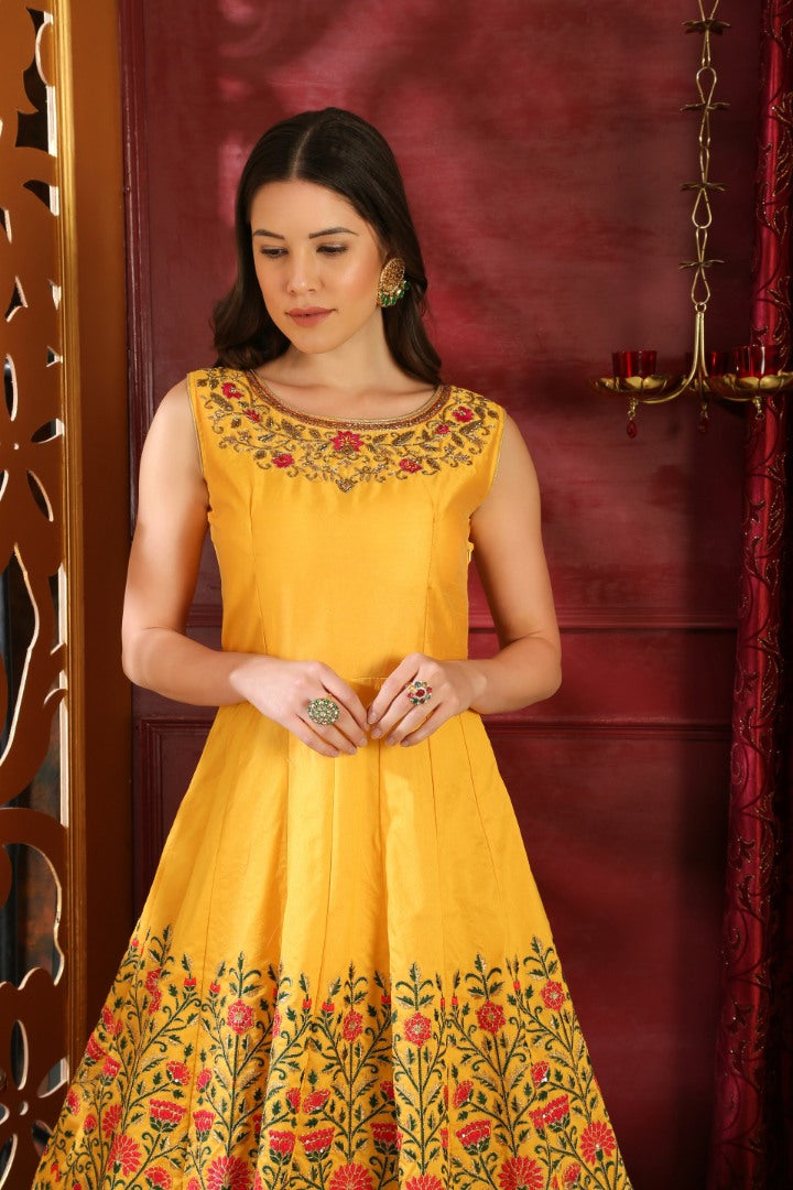 Yellow silk thread and sequence embroidered Ceremonial Gown