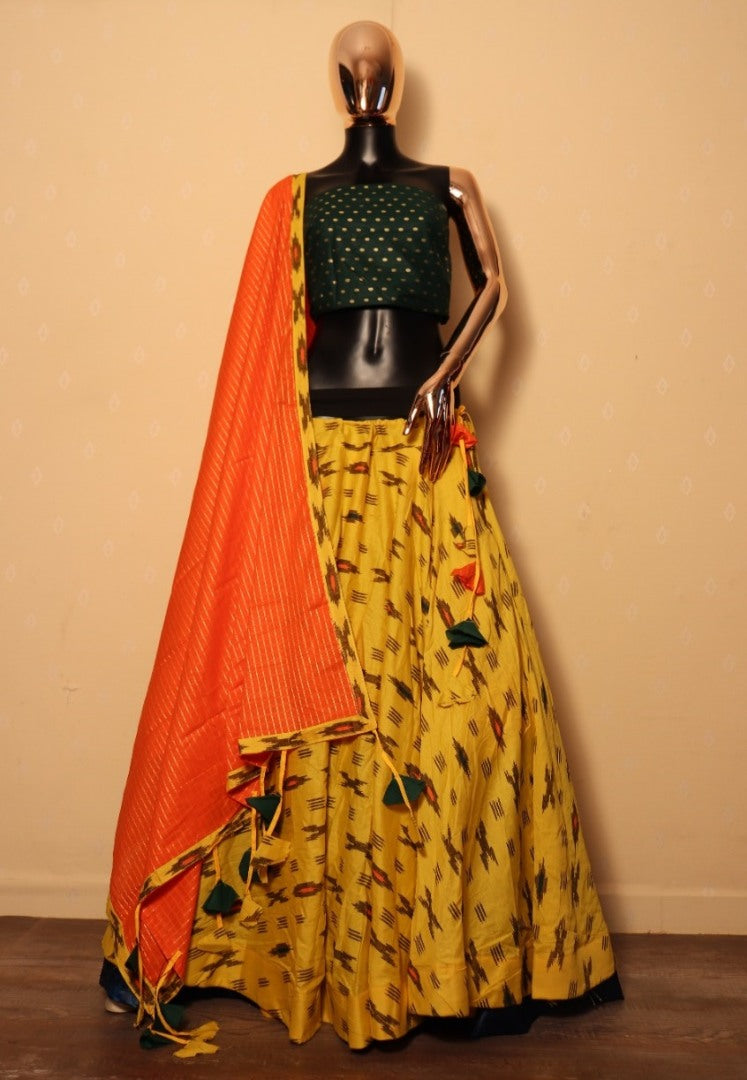 Yellow slub cotton printed festive lehenga choli