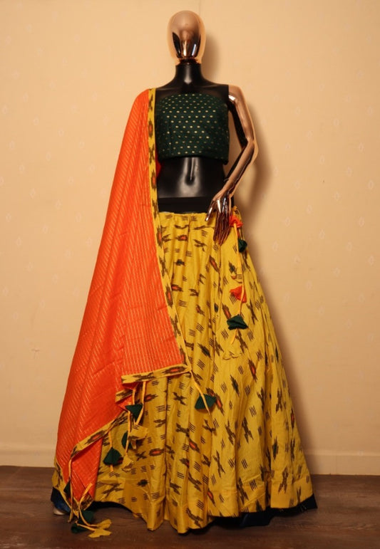 Yellow slub cotton printed festive lehenga choli