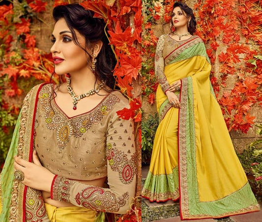 yellow slub silk designer embroidered wedding saree