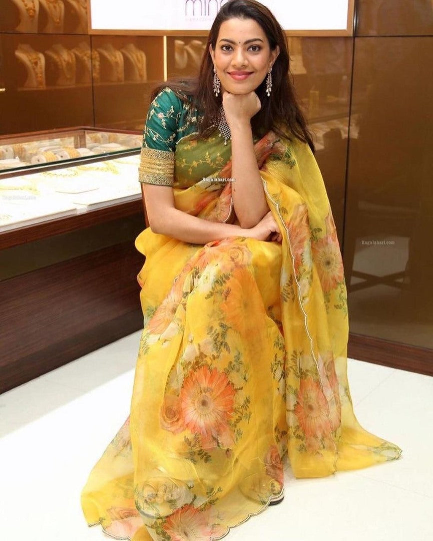Yellow soft khadi organza floral digital printed saree
