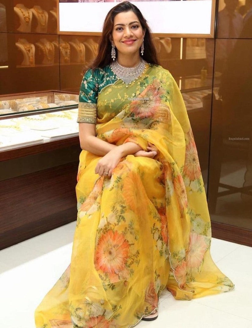 Yellow soft khadi organza floral digital printed saree