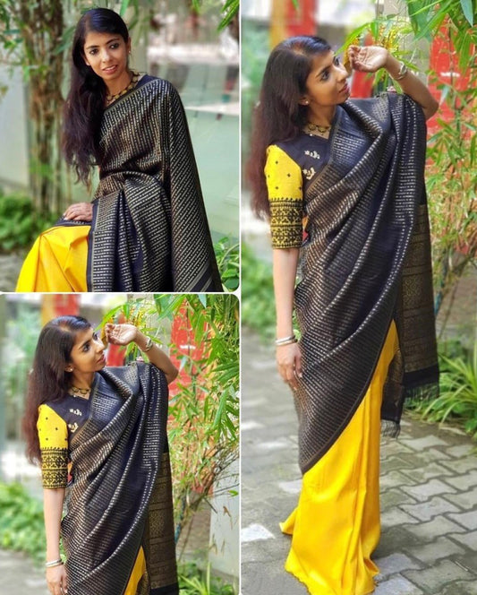 Yellow soft lichi silk golden zari jacquard weaving work saree