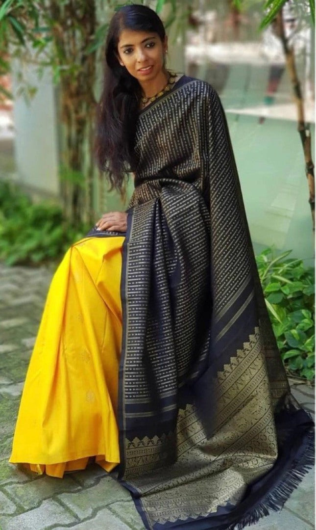 Yellow soft lichi silk golden zari jacquard weaving work saree