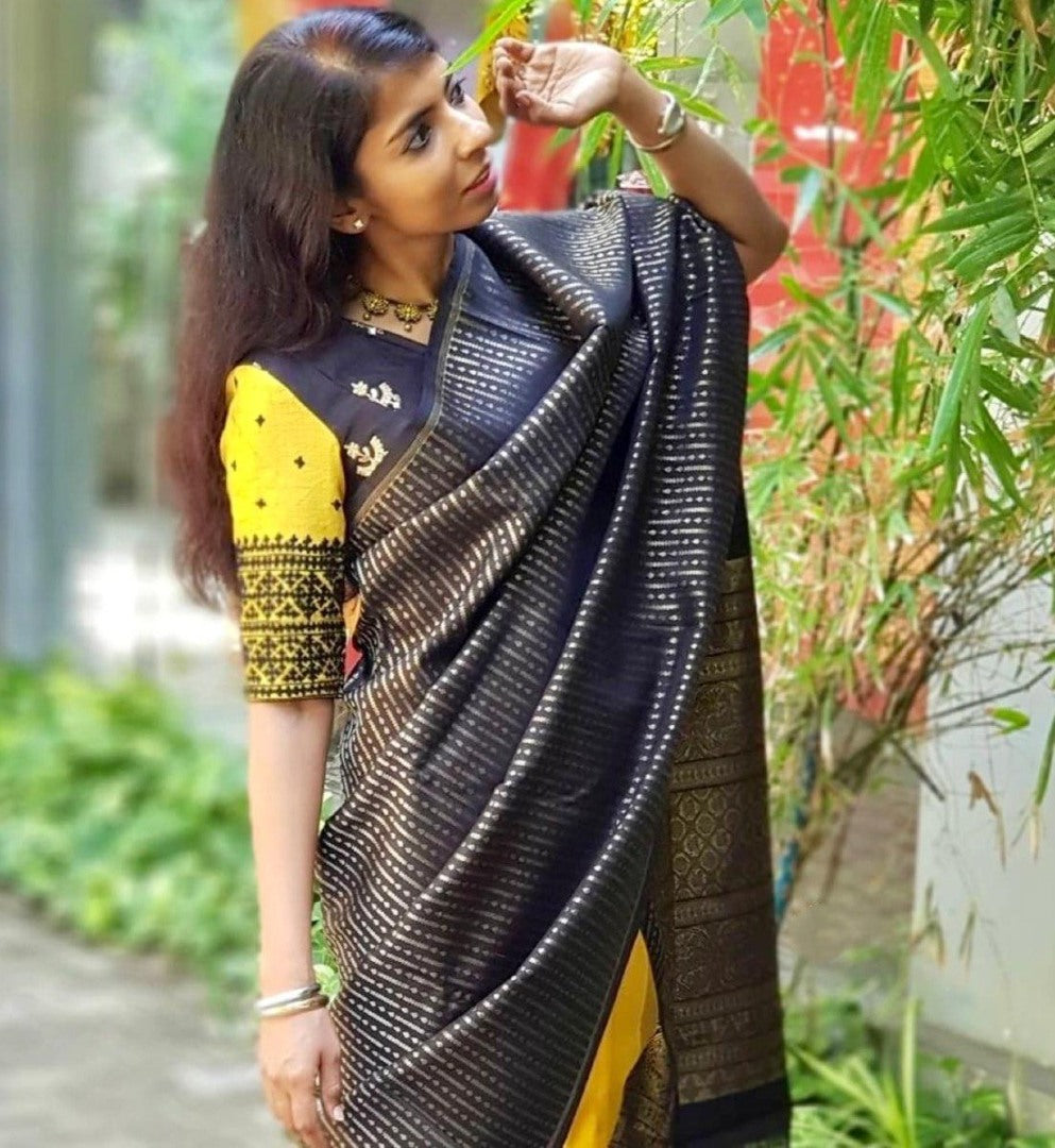 Yellow soft lichi silk golden zari jacquard weaving work saree