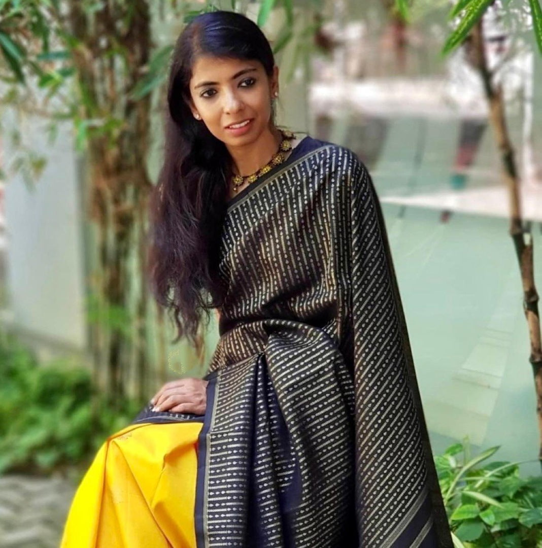 Yellow soft lichi silk golden zari jacquard weaving work saree