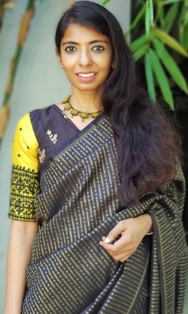 Yellow soft lichi silk golden zari jacquard weaving work saree