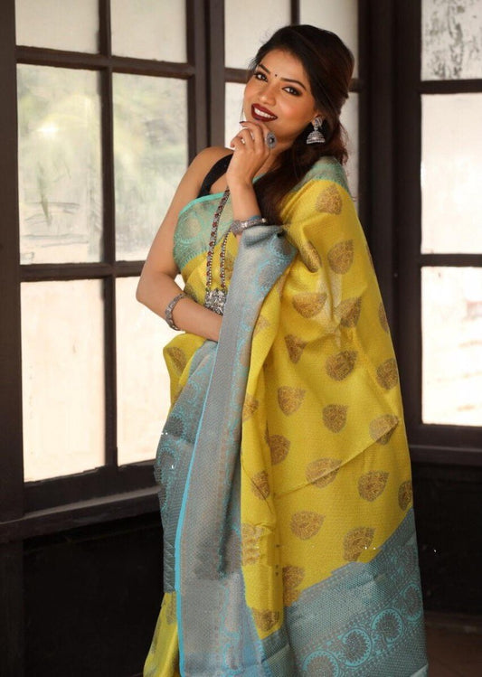 Yellow soft lichi silk jacquard weaving work saree