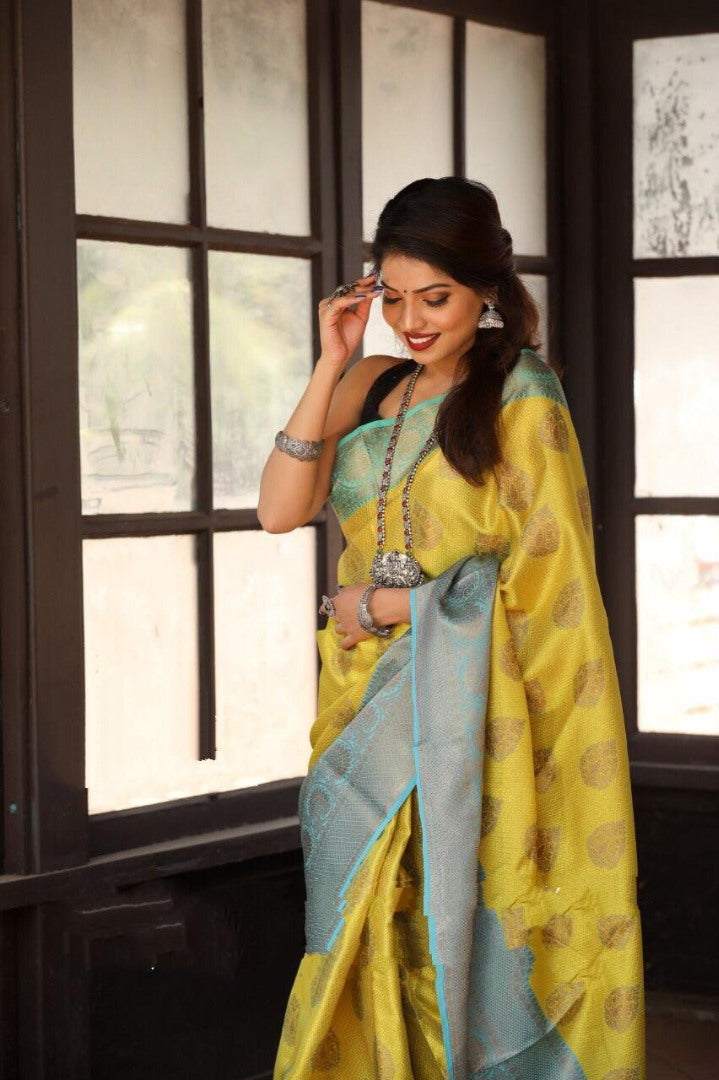 Yellow soft lichi silk jacquard weaving work saree
