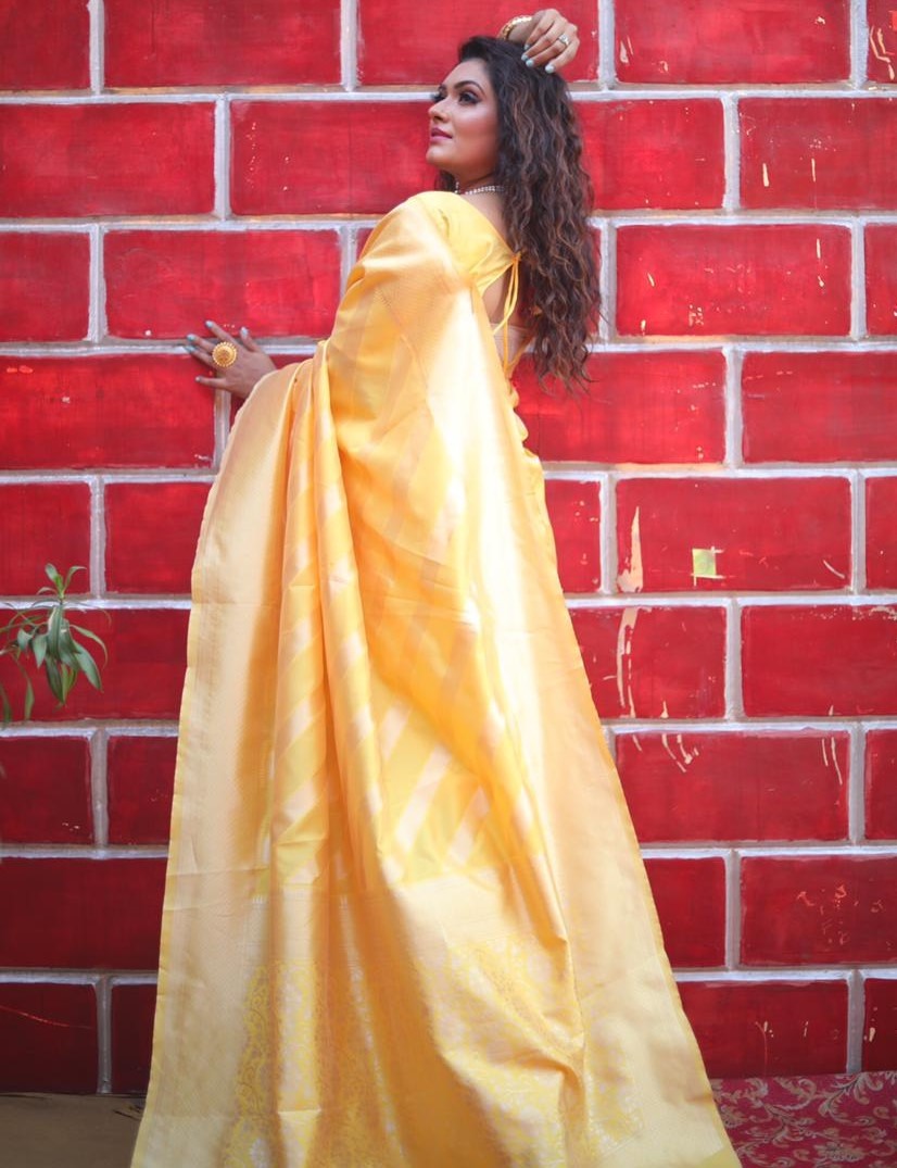 Yellow soft lichi silk jacquard weaving work wedding saree