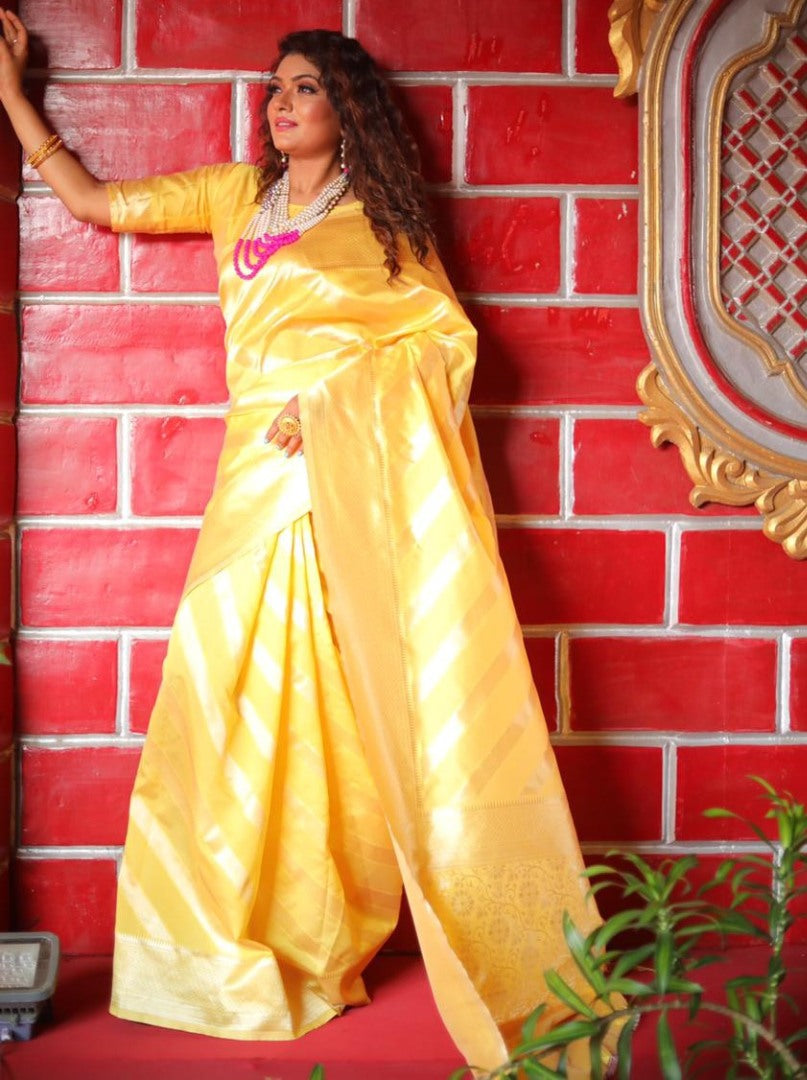 Yellow soft lichi silk jacquard weaving work wedding saree