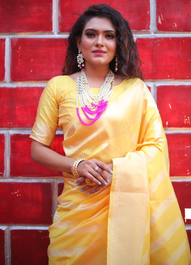 Yellow soft lichi silk jacquard weaving work wedding saree