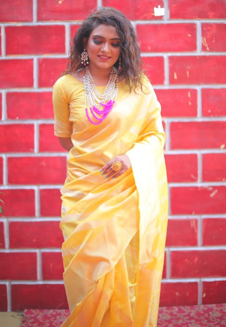 Yellow soft lichi silk jacquard weaving work wedding saree