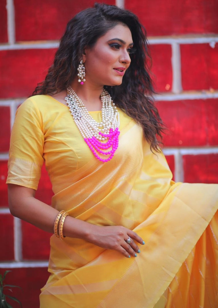 Yellow soft lichi silk jacquard weaving work wedding saree
