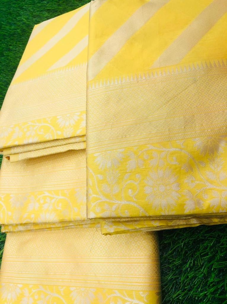 Yellow soft lichi silk jacquard weaving work wedding saree