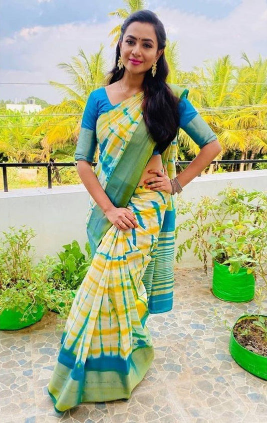 Yellow soft linen cotton printed saree