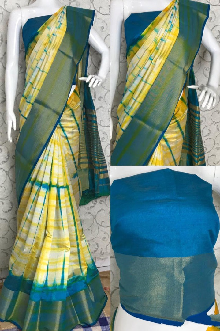 Yellow soft linen cotton printed saree