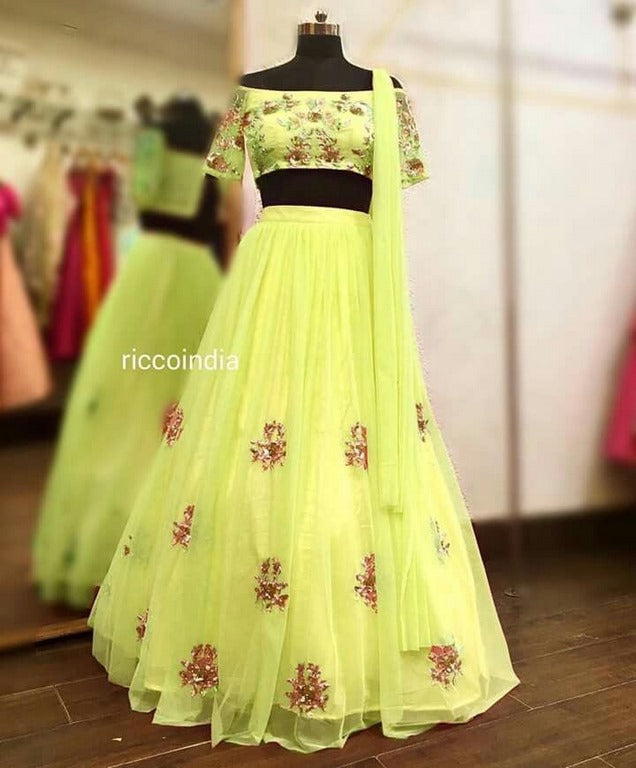 yellow soft net embroidered wedding lehenga