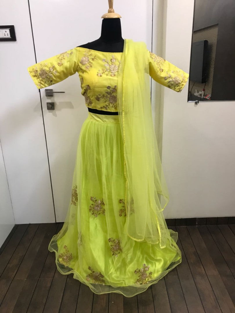 yellow soft net embroidered wedding lehenga