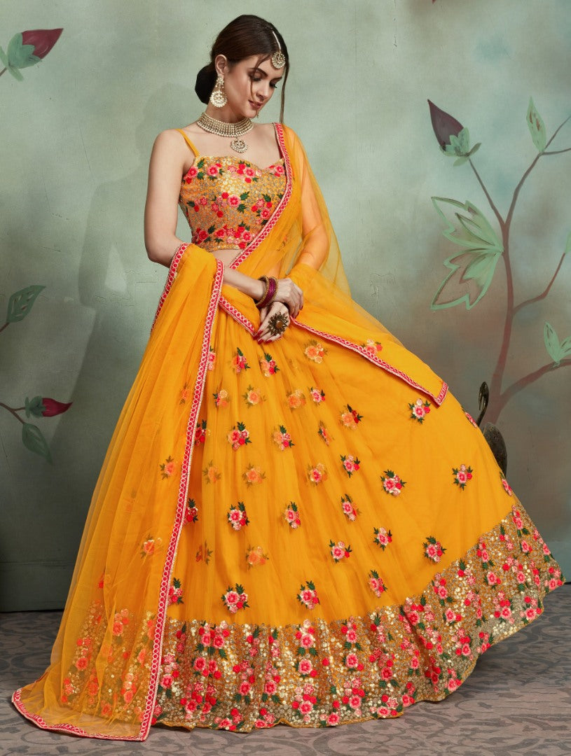 Yellow soft net sequence and theadworked lehenga choli for haldi
