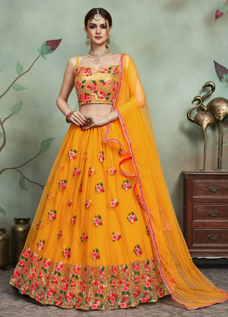 Yellow soft net sequence and theadworked lehenga choli for haldi
