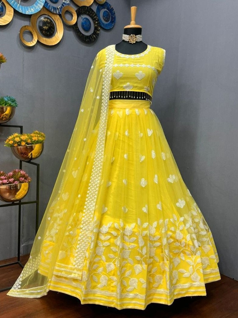 Yellow soft net sequence and thread embroidery work lehenga choli for ceremony
