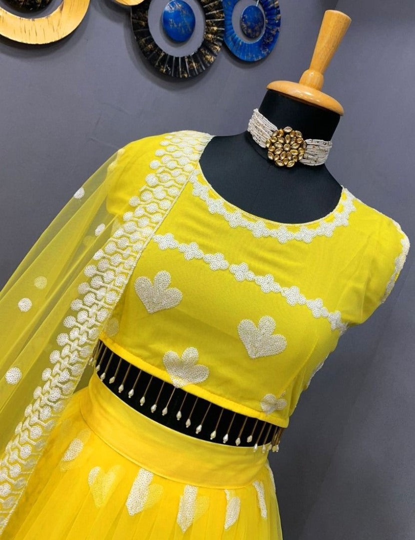 Yellow soft net sequence and thread embroidery work lehenga choli for ceremony