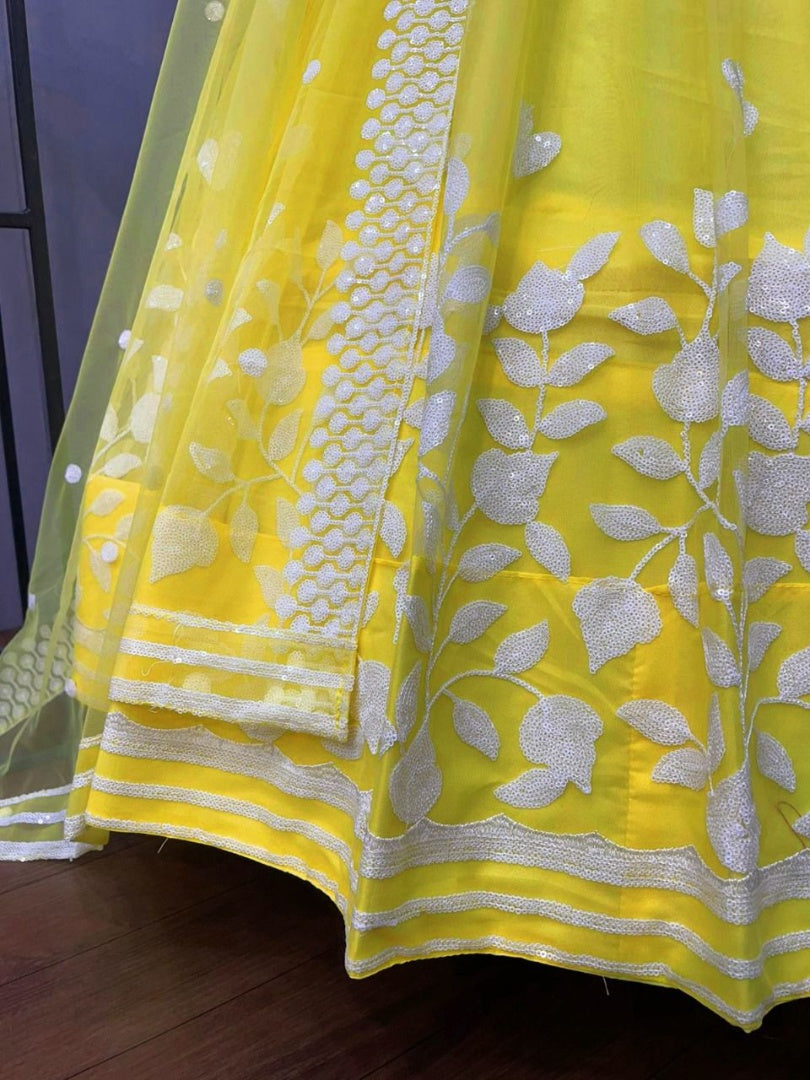 Yellow soft net sequence and thread embroidery work lehenga choli for ceremony