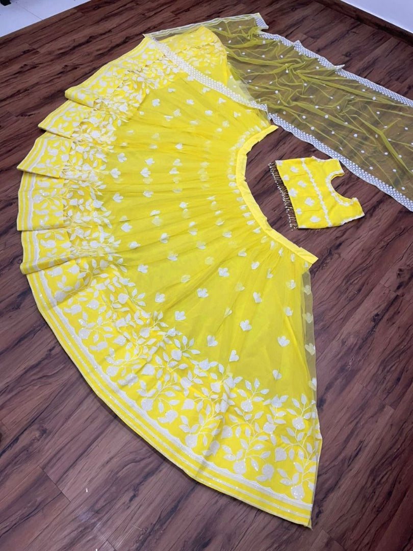 Yellow soft net sequence and thread embroidery work lehenga choli for ceremony
