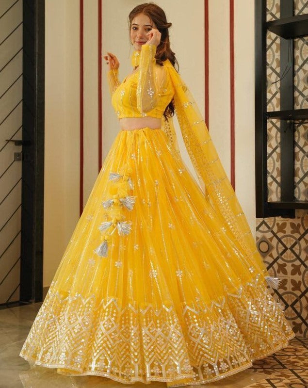 Yellow soft net sequence embroidery work haldi ceremony lehenga choli