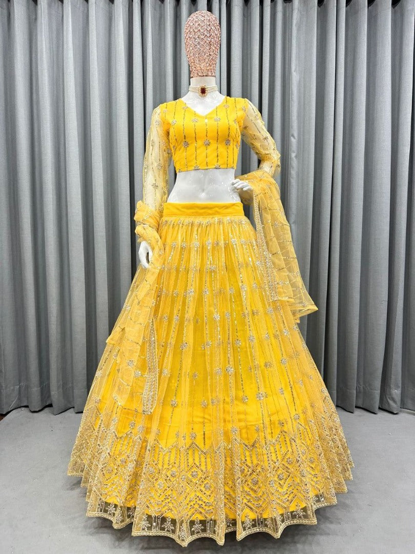 Yellow soft net sequence embroidery work haldi ceremony lehenga choli