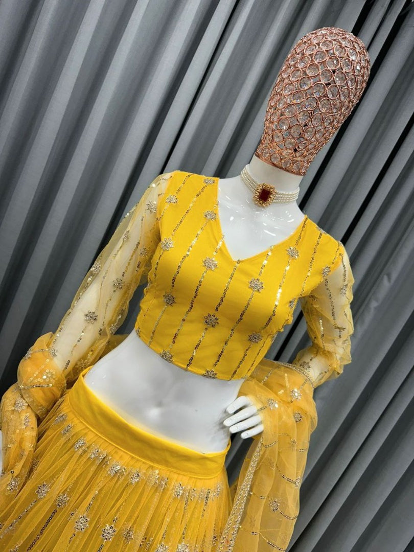 Yellow soft net sequence embroidery work haldi ceremony lehenga choli